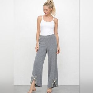 Immodel Gray Knit Wide Leg Pant Rhinestone Bow Embellishment S